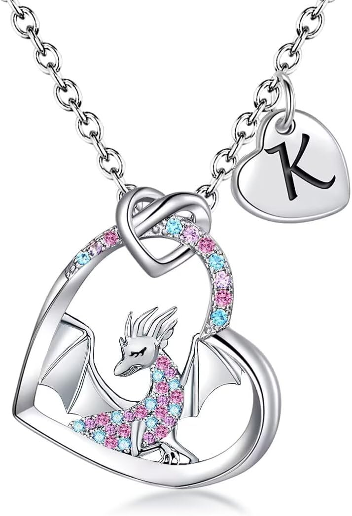 BAOWING Store Dragon Necklace Gifts for Kids Girls Rainbow Dinosaur Animal Pendant Colorful CZ Heart Letter Initial Jewelry Gifts for Daughter Granddaughter Niece Little Teen Girl - Image 1